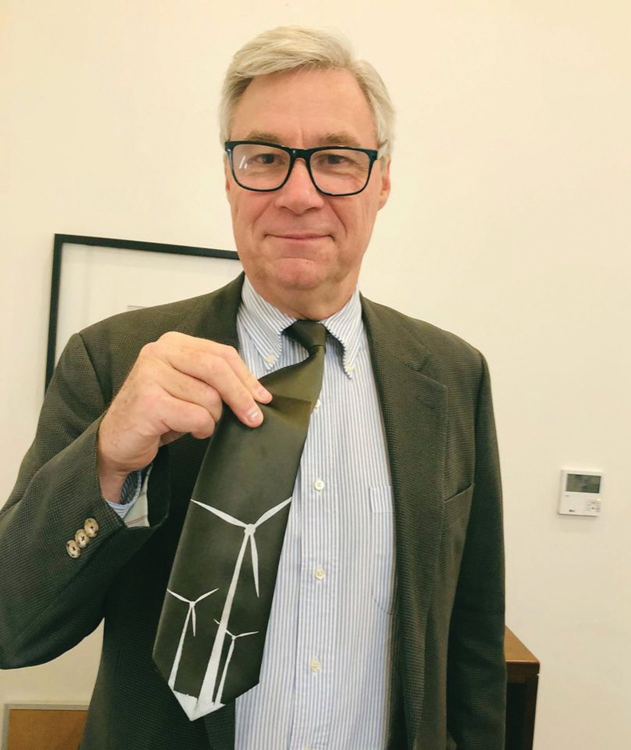 THE PERFECT TIE: Senator Sheldon Whitehouse said, “A special shout out to my friend Congressman Jim Langevin who gave me the perfect tie for EEO Leaders Day!”  A tie depicting a wind farm. (Submitted photos)